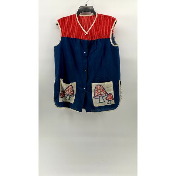 UNBRANDED Women's Vintage Blue-Red Mushroom Button-Up V-Neck Apron SZ OS - Picture 1 of 8
